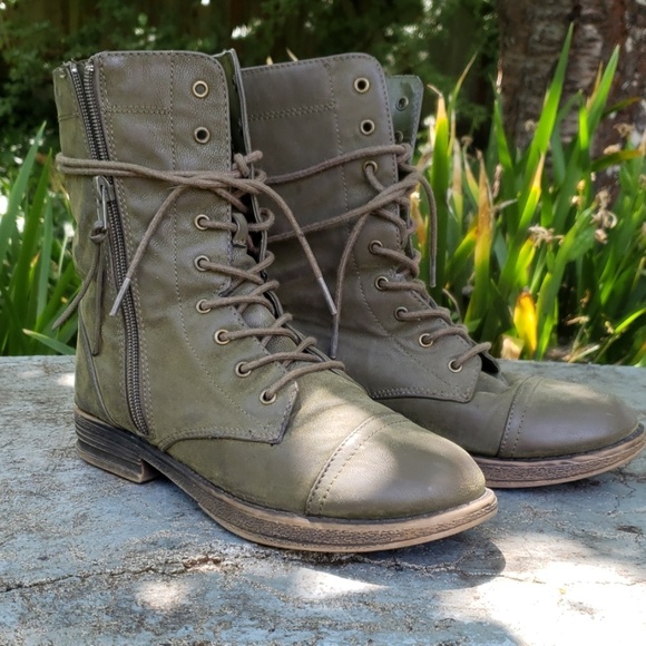 Lace Up Green Combat Moto Ankle Boots Booties 7.5 - Picture 1 of 7